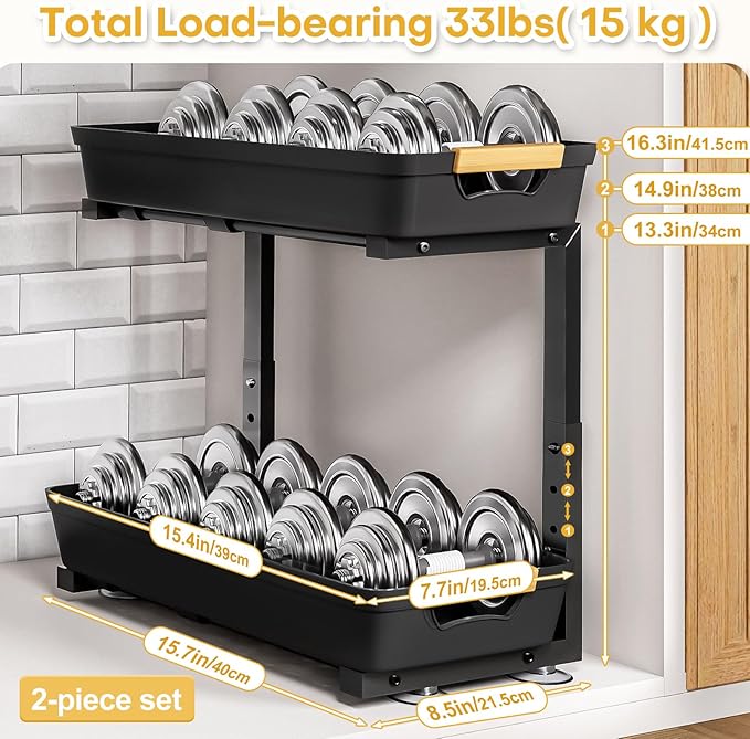Homde 2-Tier Under Sink Organizer: 2pcs Set Adjustable Pull Out Drawer
