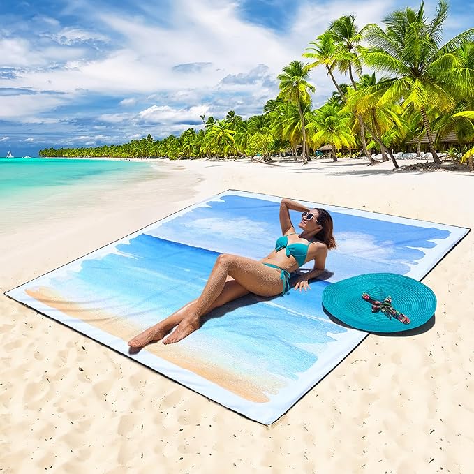 Beach Blanket Waterproof Sandproof Beach Mat 79" X 83"/10'x9'for 2-8 Adults Quick Drying Outdoor Picnic Mat Beach Accessories for Travel, Camping, Hiking