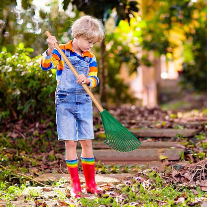 Macarrie Pack of 3 Kids Rakes with Hardwood Handle Lawn Garden Rake for Kids Gifts to Sweep Fall Leaves in Lawn and Tidying up The Garden Made of Wood and Plastic, 34.6 Inch (Green)