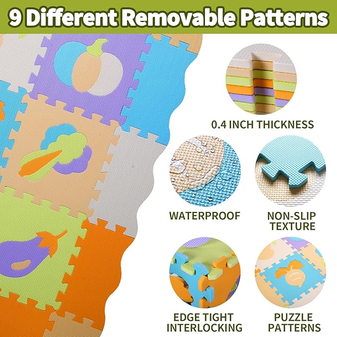 Coolcandy Baby Play Mat, 25Pcs Interlocking Puzzle Floor Mat, with Safety Fence - 0.4" Thick Non-Toxic EVA Foam Play Mat, for Infants & Toddlers 3-36 Months, Soft Puzzle Tiles for Play Areas