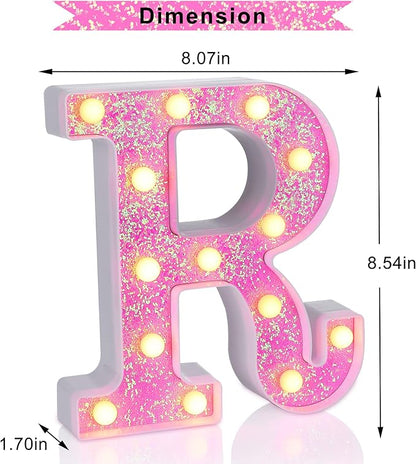 Foaky Pink Light up Letters，Pink Party Decorations,Girls Room Decor,Glitter Light Up Letters,Alphabet Letter Sign for Night Light Birthday Party Girls Gifts, Home Bar Decoration（R）