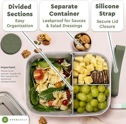 Everusely - Bento Box - Sage, 60oz / 1.8 L - Stainless Steel Lunch Box with Leakproof Condiment Container - 3 Compartment Snack Organizer for On the Go Meals - Freezer & Dishwasher Safe