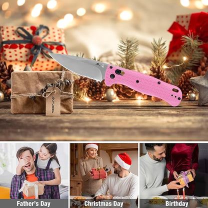 FLISSA 4.5" Folding Pocket Knife, Lightweight EDC Pocket Knife with Axis Lock, 3.2" AUS-8 Steel Blade, Sharp Camping Hiking Knife with Pocket Clip, Unique Tool Gift for Men, Dad (Pink)
