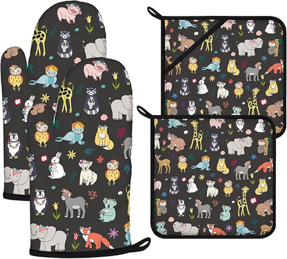 Cute Animals Oven Mitts and Pot Holders Sets 4Pcs, Extra Long Oven Gloves