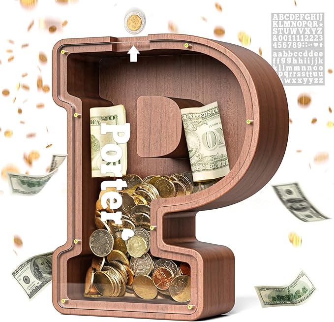Summidate Wooden Letter Piggy Bank, Extra Thick Large Capacity Piggy Bank for Kids Boys Girls Toddler, Alphabet P Money Bank| Coin Box Birthday, Christmas, Festival