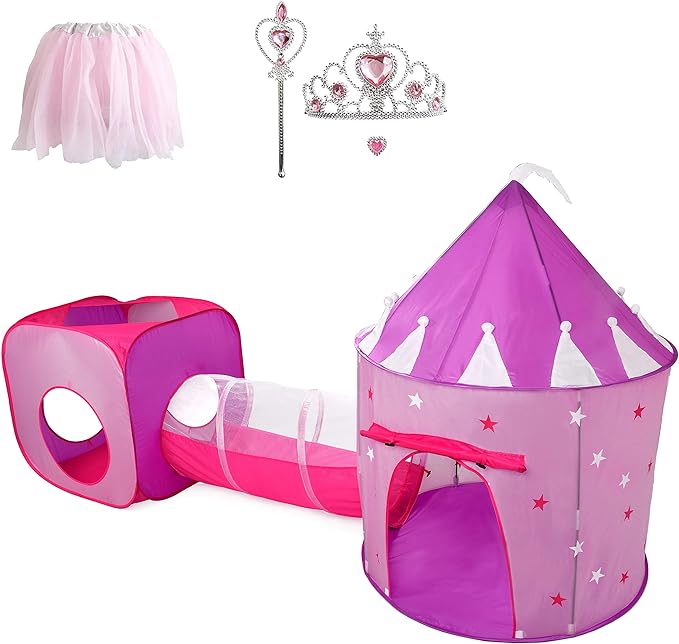 Princess Play Tent Set with Dress Up Tunnel, Castle Playhouse - Glow in The Dark Stars, Birthday Gift for Girls Age 3-7
