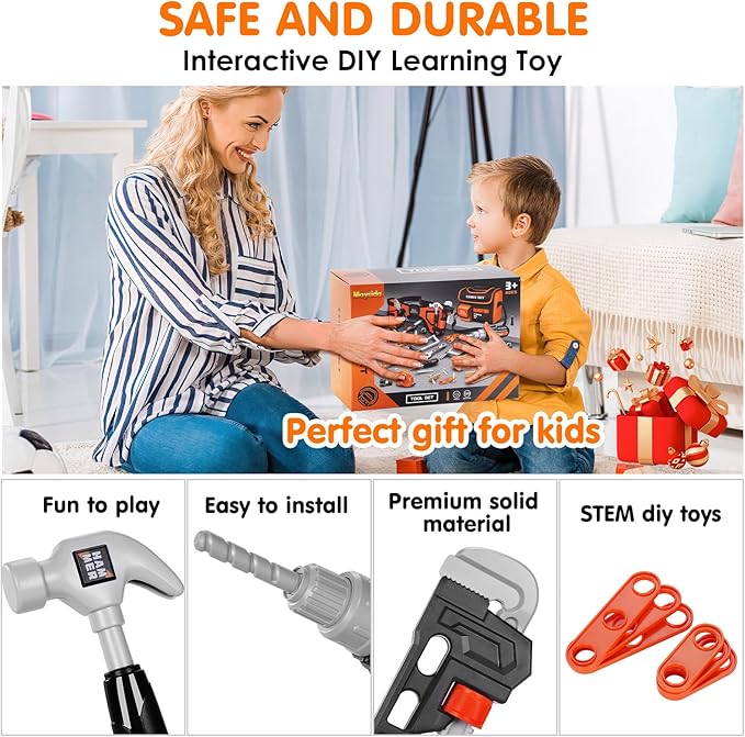 Kids Tool Set- 48PCS Toddler Tool Set Toys with Electronic Toy Drill, Tool Bag&Tool Belt&Tape Measure, Pretend Play Kids Construction Tool Kits Toy for Boys, Kids Birthday Gift for Boys Girls Ages 3+