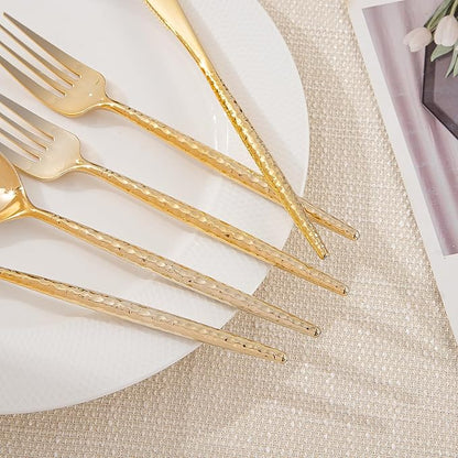 LIYH 102 Pcs Gold Plastic Silverware Cutlery Sets - Disposable Plastic Silverware Heavyduty, Disposable Utensil Sets, 34 of Each Forks, Knives & Spoons Flatware Set for Party Birthday