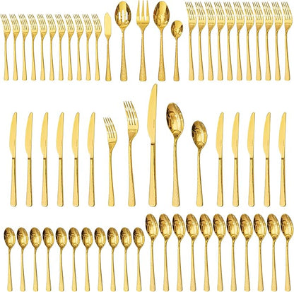 KINGSTONE Gold Hammered Silverware Set, Flatware Set with Serving Utensils, 18/10 Stainless Steel Premium Cutlery with Unique Ripple Handles Design Mirror Polished - Dishwasher Safe (65-Piece)