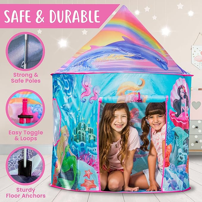 W&O Musical Mermaid Tent with Under-The-Sea Button - Captivating Pop Up Tent for Girls - Perfect for Indoor & Outdoor Play