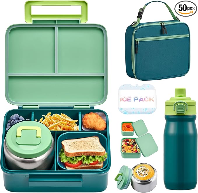 MAISON HUIS Bento Box for Kids with 8oz Soup Thermo, Leak-proof Lunch Food Containers with 5 Compartment, Insulated Lunch Bag & 17oz Stainless Steel Water Bottle for School, Trvael