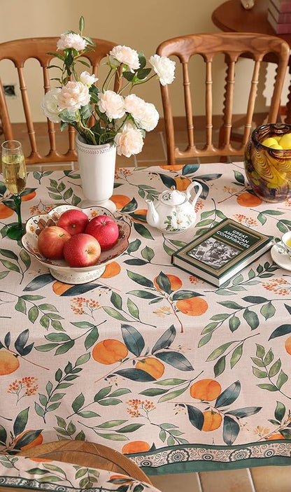 patdrea Designer Vintage Linen Rectangle Table Cloth,Framhouse Oranges and Leaves Pattern French Extra Long Tablecloth,Decor Cover for Kitchen Dining Christmas,Thanksgiving,67"x118"-Palladin a