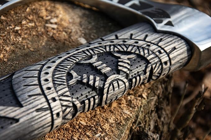 SHINY CRAFTS Viking Axe Hatchet - 27" Long Helm of Awe Carved Forged Steel With Engraving, Medieval Tomahawk, Runic Bearded Axe With Genuine Leather Sheath (VBA-0011)