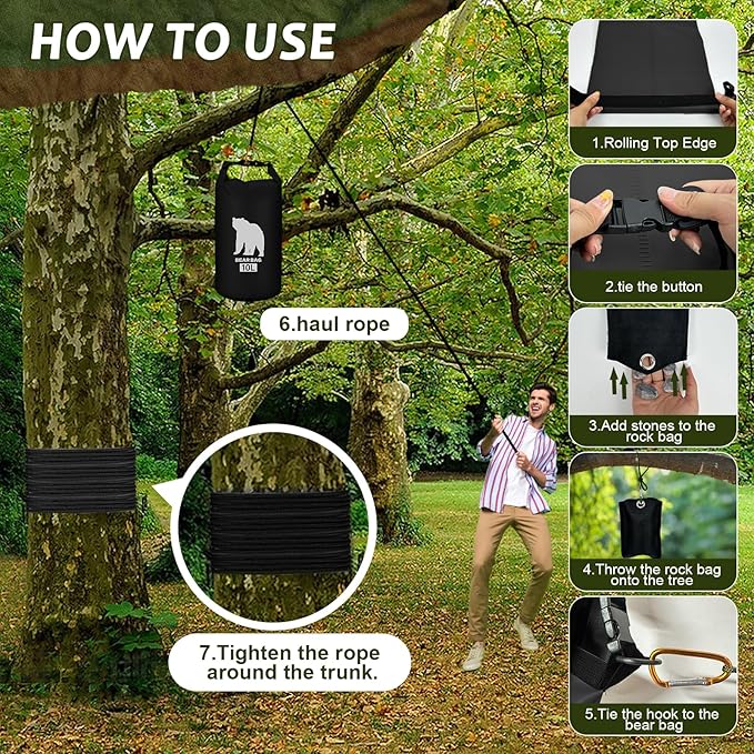 2 Pcs 10L Waterproof Bear Bags with 4 Nylon Ropes, 4 Clips & 2 Rock Pockets & 2 Small Warning Bells for Hanging Food securely. Ultralight Camping Food Bag System.