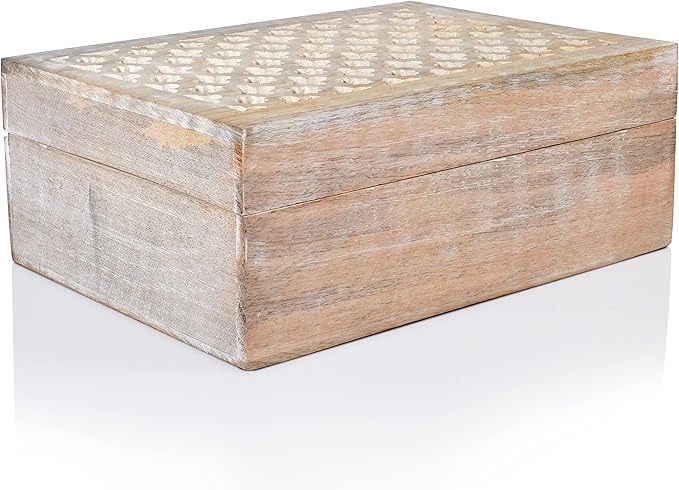 Mela Artisans Wooden Keepsake Box | Whitewash Mango Wood Memory & Photo Storage Box with Hinged Lid | Decorative Storage Box | Extra Large | 10.5x7.5x4 Inch