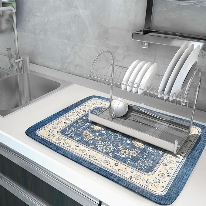 Blue Boho Dish Drying Mat for Kitchen Counter 18x24 Inch Fast Dry Drying Pad