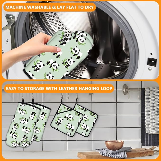 Cute Panda Oven Mitts and Pot Holders Sets 4Pcs, Extra Long Oven Gloves