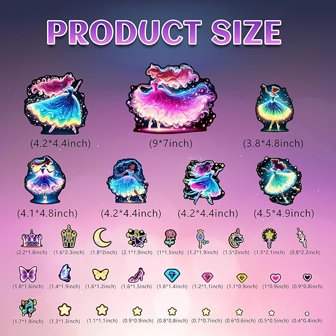 Glow in The Dark Princess and Star Wall Decals, Neon Butterflies Stickers for Girls Room, Luminous Stars Ceiling Decor for Bedroom Playroom Nursery