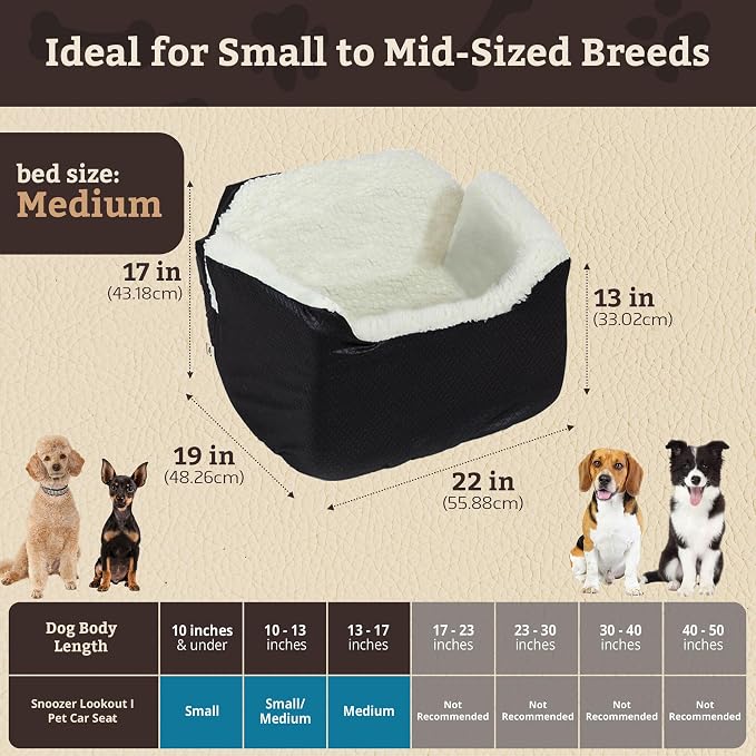 Snoozer Lookout I Car Seat - Dog Car Seats for Small Dogs, Puppy Booster Bed for Small & Medium Sized Pets Up to 25 Lbs, Elevated, Washable - Medium, Black Diamond