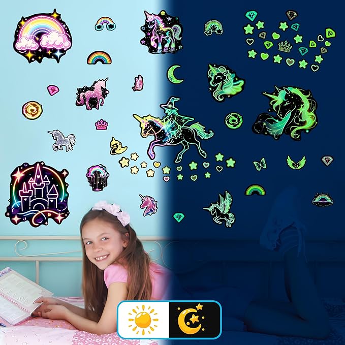 Glow in The Dark Unicorn Wall Decals, Neon Fantasy Rainbow Unicorn Wall Stickers for Girls Room, Colorful Diamond Star Love Room Decor, Baby Girl Boy Bedroom Ceiling Nursery Decoration