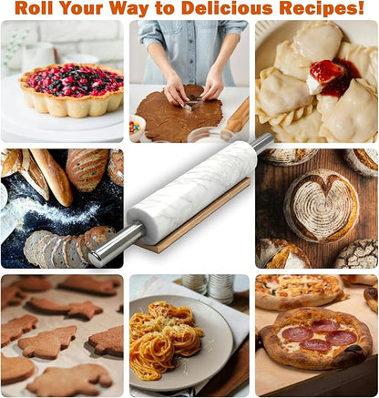 White Marble Rolling Pin with Stainless Steel Handles Baking Set