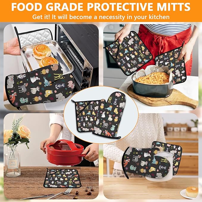 Cute Animals Oven Mitts and Pot Holders Sets 4Pcs, Extra Long Oven Gloves