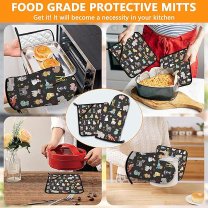 Cute Animals Oven Mitts and Pot Holders Sets 4Pcs, Extra Long Oven Gloves