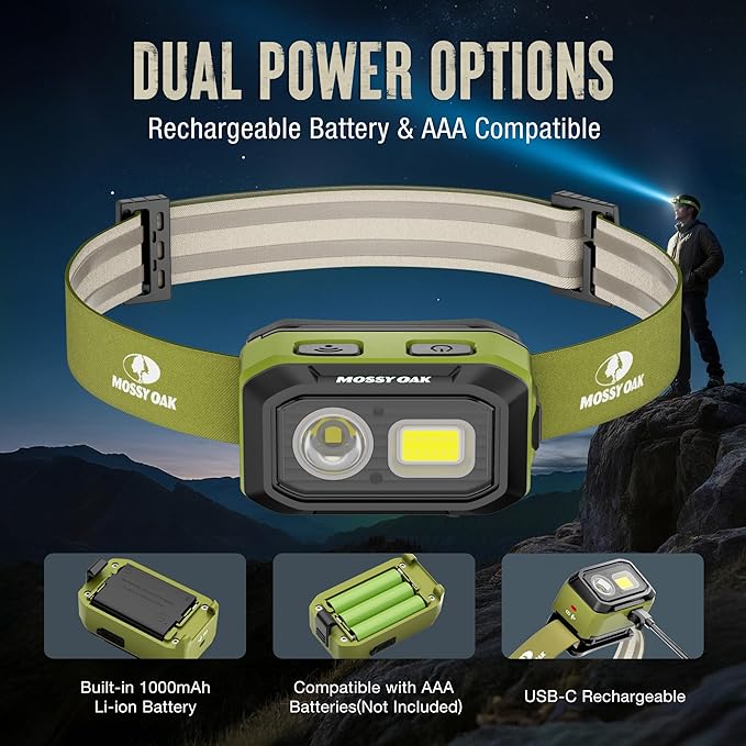 Mossy Oak 600 Lumens LED Headlamp, Dual Power Source, Motion Sensor Head Lamp with Magnetic Base, Stepless Dimming, Memory Mode for Camping, Running, Hiking