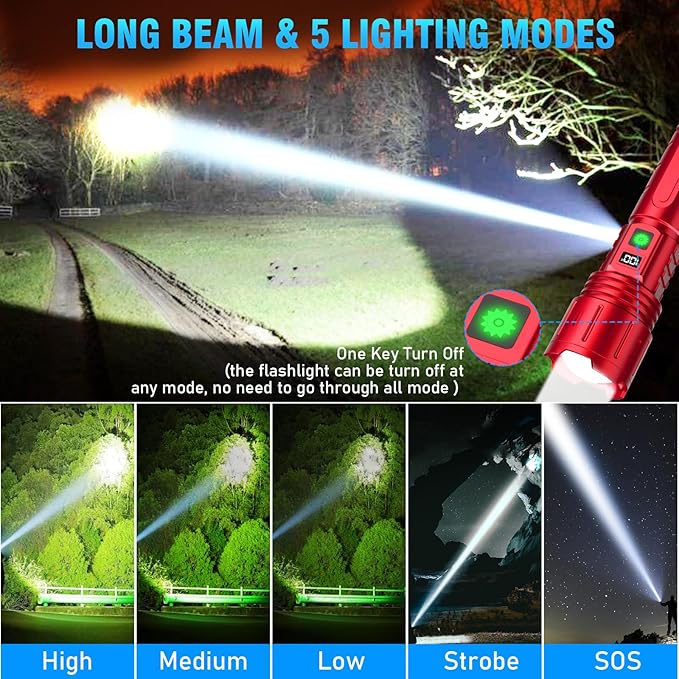 Rechargeable Flashlights High Lumens - 1500 Meters Long Beam Super Bright LED Flash Light with Power Display & IPX5 Waterproof for Camping, 20H Runtime,5 Modes,Zoomable Handheld Flashlight -2pcs Red