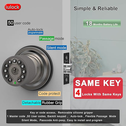 iulock Smart Door Knob with Keypad and Key, Keyless Entry Door Lock with Rubber
