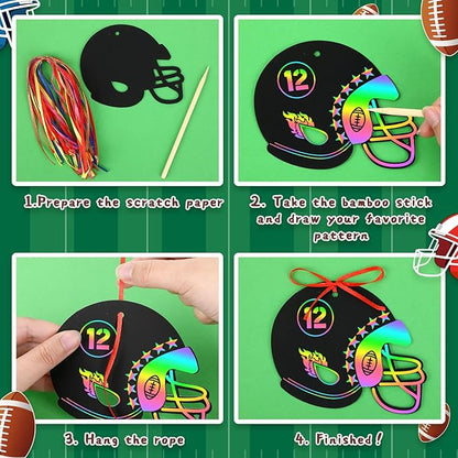 JULMELON 36 PCS Football Crafts for Kids, Rainbow Scratch Paper Art for Kids Football Party Favors Helmet Scratch Off Cards for Birthday Party Supplies School Activities