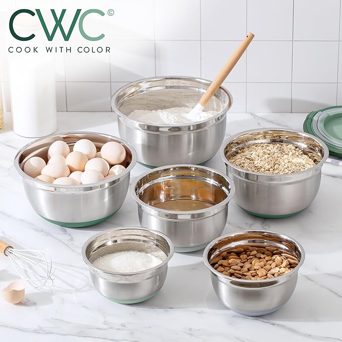 COOK WITH COLOR Stainless Steel Mixing Bowls Set with Lids - Nesting Bowls with Non-Slip Bottom, Sage, 12 Pieces