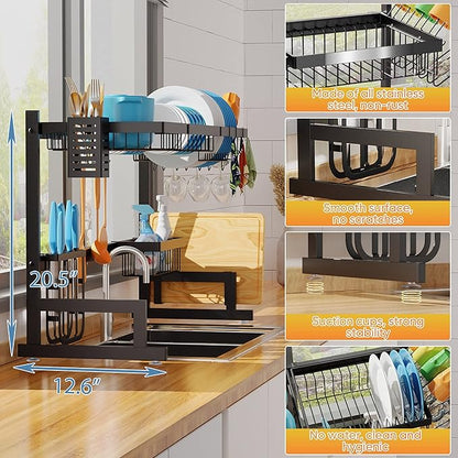 PUSDON Over the Sink Dish Drying Rack, 2 Tier Adjustable Large Capacity
