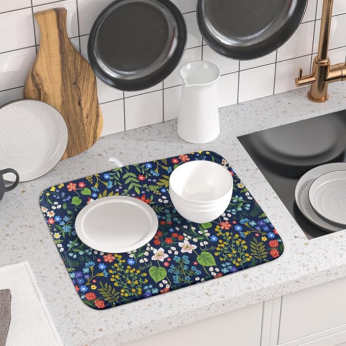 Flower Floral Dish Drying Mat Microfiber Navy Blue Absorbent Drying Pad