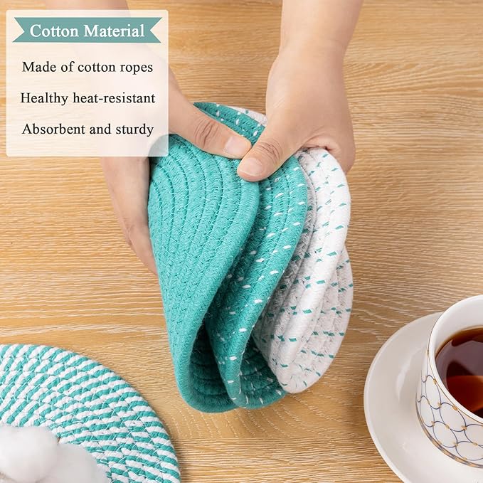 SHACOS 8 Inches Trivets for Hot Dishes, 4 Pieces Cotton Trivets Mats for Kitchen, Hot Pads for Countertops and Table, Heat-Resistant Pot Holders for Hot Pots and Pans(Teal Blue, 4pcs)