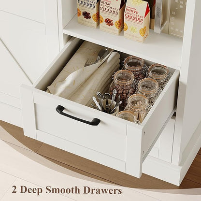 HOSTACK 76" Tall Kitchen Pantry Storage Cabinet, Farmhouse Kitchen Hutch Cabinet with Microwave Stand, 47" Wide Food Pantry with Drawers and Shelves, Large Coffee Bar Station for Dining Room, White