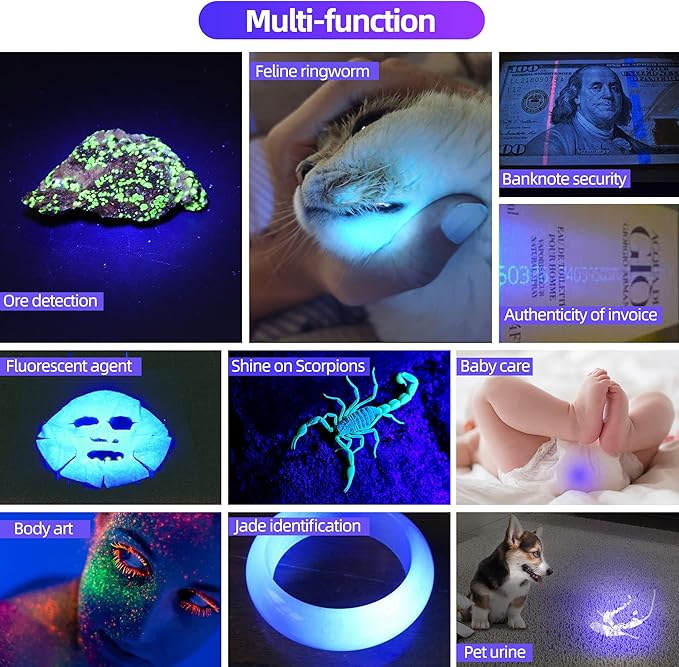 DARKDAWN UV Flashlight 365nm, LED Blacklight Flashlight, USB Rechargeable flashlights, Powerful Fluorescent Portable Mini Detector for Pet Urine Stains, Uranium Glass, Money, Resin Curing, 2 Pack