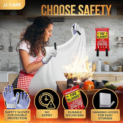 JJ CARE Fire Blanket ??3 Packs with Hooks and Gloves ??Emergency Fire Blanket for Home & Kitchen, High Heat Resistant Fire Suppression Blankets for Home Safety, Kitchen, and Camping