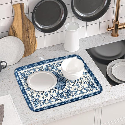 Blue Floral Dish Drying Mat for Kitchen Counter 16x18 Chinoiserie Flower Print
