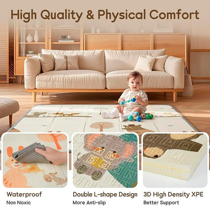 Foldable Baby Play Mat, PIGLOG Waterproof Playmats for Babies and Toddlers Kids, Safe Foam Playmat for Tummy Time, 50x50 Playpen Mat, Reversible Portable Baby Floor Mat for Infant, Toddler, Bear