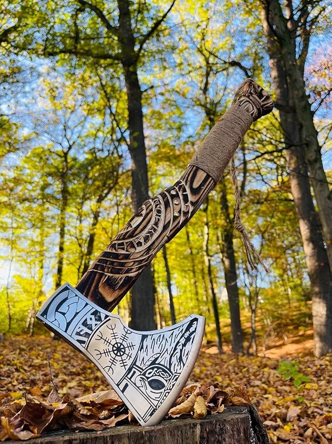 Hand Forged Viking Axe – Carbon Steel Blade with Ash Wood Handle and Leather Sheath, Camping, Hunting, Outdoor Hatchet Valhalla Ax, Medieval Axe, Authentic Norse Axe, Historical Gift for Men