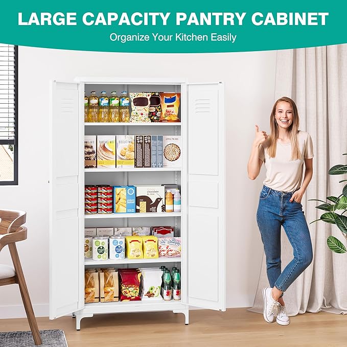 SISESOL Metal Storage Cabinet with Doors and Shelves,White Storage Cabinet with Leg & Vent Hole,Food Pantry Cabinets,5 Tier Metal Pantry,Tall Large Cupboard for Home,Kitchen,Dining/Living/Laundry Room