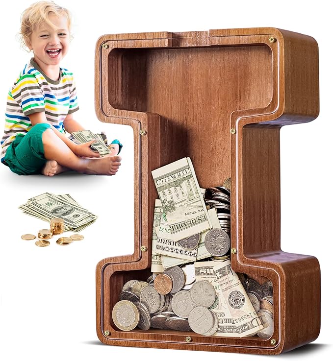 Summidate Large Wooden Piggy Bank for Kids Adults, Alphabets Letter A-Z Piggy Bank for Boys Girls, Coins Bills Change Bank Box Personalized Initial Name Kids Money Bank for Birthday Present and Decor