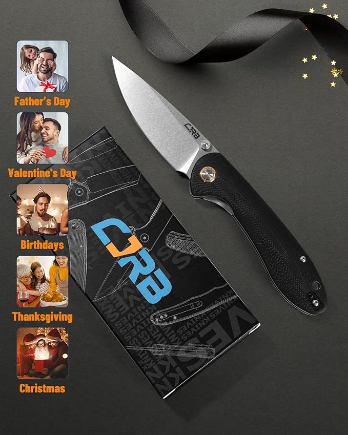 CJRB Feldspar Folding Knife - Stonewash D2 Steel Blade, G10 Tactical Handle, EDC Pocket Knife, Black Handle (J1912)