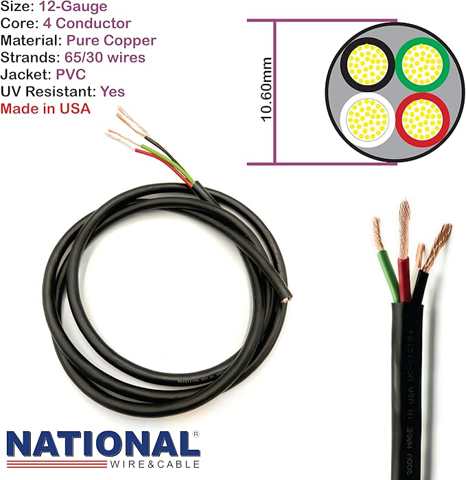 NATIONAL Wire & Cable – 12 AWG 4-Conductor Premium Copper Wire, 25 ft, Stranded