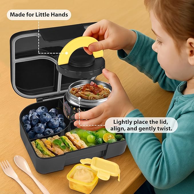 TinyPalsa Bento Box for Kids with 10oz Thermos, Durable Lunch Box with Leak Proof Insulated Food Jar, 3 Compartments with Portable Handle for Ages 3+, Dishwasher Safe, Ideal for School, Travel (Game)