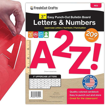 209 Pcs 3" Red Bulletin Board Letters & Numbers, Capital Letters, Numbers, Punctuation, US Made Card Stock Punch Out Letters for Poster, Bulletin Board, Classroom - Precut Letters & Numbers