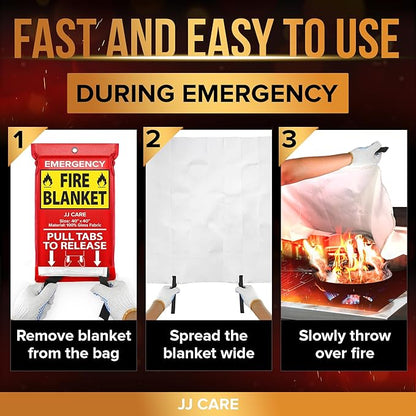 JJ CARE Fire Blanket ??3 Packs with Hooks and Gloves ??Emergency Fire Blanket for Home & Kitchen, High Heat Resistant Fire Suppression Blankets for Home Safety, Kitchen, and Camping