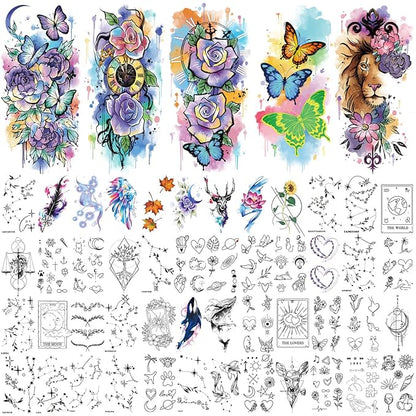77 Sheets Nature Animal Temporary Tattoo for Women Men, 17 Sheets Half Arm Large Lion Flower Owl Fake Tattoos, 60 Sheets Butterfly Clock Black Tiny for Adult Kids Body Tattoos Stickers Realistic