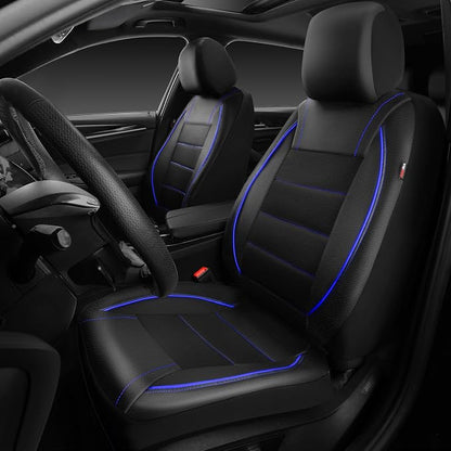 CAR PASS Universal FIT Piping Leather Two Front Seat Covers, Waterproof Faux Leather for SUV Sedan Van Truck, Airbag Compatible,Reserved Opening Holes for Headrest Covers. (Black and Blue)